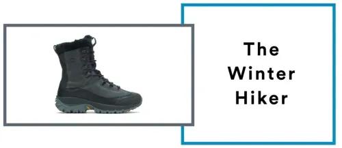 A box with a label that says "The Winter Hiker" next to an image of a Merrel hiking boot surrounding by a grey border
